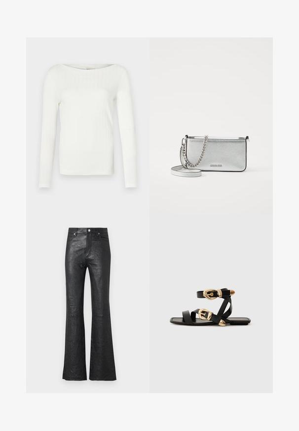 Biela dlhá rukávová rebrová blúzka s širokým lodičkovým výstrihom, s priliehavým strihom a jemnou textúrou látky. Žiadne výrazné akcenty ani vzory.; Čierne kožené rozšírené nohavice s krčenou textúrou, vysokým pásom, prednými vreckami a klasickým zapínaním na gombík so zipsom.; Čierne kožené sandále so zlatými prackami, s viacerými pásikmi a plochou podrážkou pre otvorené nosenie.; Strieborná kožená crossbody taška s textúrovaným povrchom, reťazcovými a ramennými akcentmi a zipsovým uzáverom. Na prednej strane sa nachádza logo.