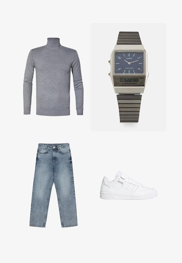 Maglione grigio a collo alto in morbido tessuto lavorato a maglia, con maniche lunghe e polsini e orlo a costine. Colore semplice e uniforme, senza motivi o accenti.; Jeans in denim azzurro chiaro con taglio a gamba dritta, cuciture visibili, design a cinque tasche e chiusura a bottoni in vita.; Sneakers atletiche bianche con tomaia in pelle liscia, punta perforata, tre strisce decorative e un cinturino in velcro. Suola in gomma con dettagli di branding.; Orologio digitale Casio con quadrante blu, cassa argentata e cinturino in gomma nera a strati. Mostra l'ora e le impostazioni dell'allarme. Resistente all'acqua.