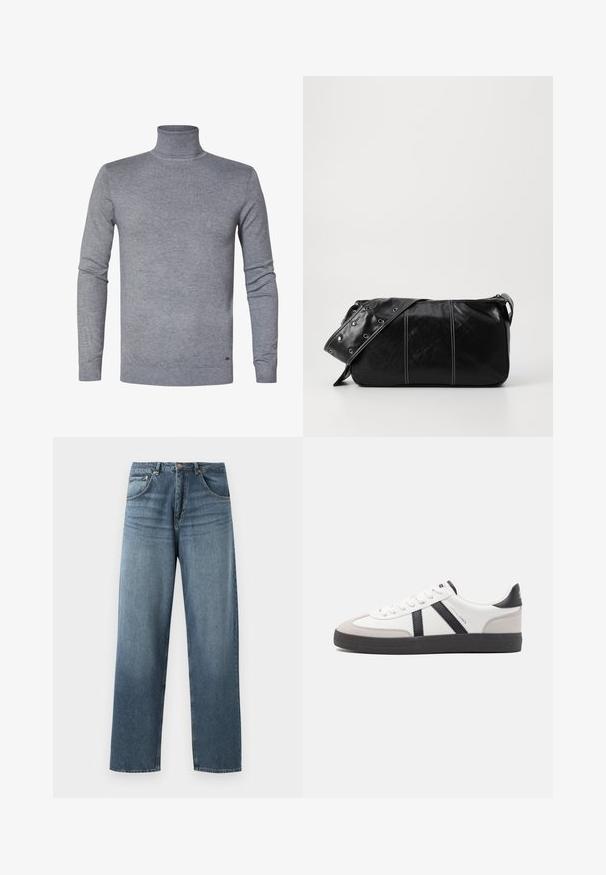 Grå rullekrave sweater i blødt strikket stof med lange ærmer og ribbede manchetter og kant. Enkel, ensfarvet uden mønstre eller accenter.; Lige ben blå denim jeans med en falmet vask, der har fem lommers design, metallisk knap og bæltestropper. Struktureret, medium vægt stof.; Hvide sneakers med sorte og grå detaljer, med en tekstureret grå tåhætte, sort gummisål og flade hvide snørebånd. Rent design, minimalistisk stil.; Sort læder skuldertaske med lynlås, der har en tekstureret overflade, hvid syning og en rem med sølvøskner.