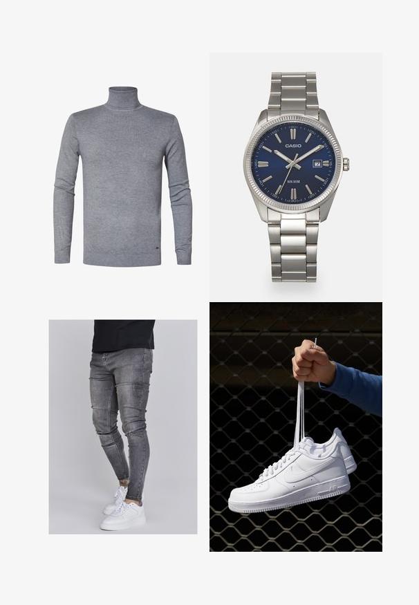 Szary sweter z golfem wykonany z miękkiej dzianiny, z długimi rękawami oraz ściągaczami przy mankietach i na dole. Prosty, jednolity kolor bez wzorów czy akcentów.; Wąskie dżinsy w wyblakłym szarym denimu, z przetarciami na kolanach, zestawione z białymi trampkami. Gładka faktura, fason dopasowany.; Białe skórzane sneakersy z perforacjami, okrągłym noskiem, płaską podeszwą i grubymi sznurówkami, z widocznym logo swoosh i napisem „AIR” na pięcie.; Srebrny zegarek na stalowej bransolecie z niebieską tarczą, metalowymi indeksami godzinowymi oraz okienkiem daty na godzinie 3. Wodoodporny do 50 metrów.