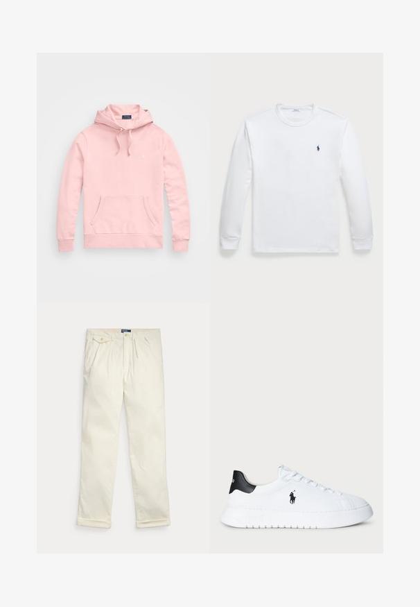 Polo Ralph Lauren LOOPBACK FLEECE HOODIE - Hoodie - adirondack rose; Langermet hvit T-skjorte laget av bomull, med rund hals og en liten marineblå logo på venstre bryst. Glatt tekstur, enkelt design.; Kremfargede kordfløyelsbukser med folder, sidelommer, knapplomme med klaff og brettede mansjetter, lagt flatt på hvit bakgrunn.; Hvit lavt beskåret sneaker med svart hælflik og svart Polo Ralph Lauren-logo på siden, med hvite lisser og tykk gummisåle.