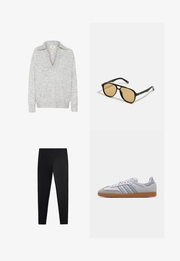 Ljusgrå v-ringad tröja med krage. Mjuk, texturerad tyg. Långa ärmar, ribbad nederkant. Subtilt mönster genom hela materialet.; Svarta leggings av ett slätt, stretchigt tyg. Har en bred midja och design med avsmalnande ben, lämpliga för aktiv eller avslappnad användning.; Vita lädersneakers med ljusblå accenter, grå mocka tå och en brun gummisula. Har tre blå ränder och "Samba"-logotyp.; Svarta solglasögon med bruna tonade linser; rektangulär form med en tjock ram, inklusive subtila detaljer av metall vid glasögonbågarna.