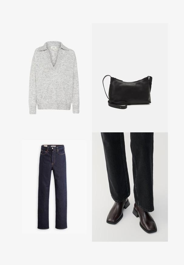 Hellgrauer V-Ausschnitt-Pullover mit Kragen. Weiches, strukturiertes Material. Lange Ärmel, gerippter Saum. Dezentes Muster über das gesamte Material.; Dunkelblaue gerade geschnittene Denim-Jeans mit fünf Taschen und sichtbaren orangefarbenen Nähten auf einem weißen Hintergrund.; Braune Lederstiefeletten mit quadratischer Spitze und Blockabsatz, kombiniert mit schwarzen weit geschnittenen Jeans. Glatte Textur und minimalistisches Design.; Schwarze Ledertasche für die Schulter mit glatter Textur, geschwungener Form, verstellbarem Tragegurt und Reißverschluss. Minimalistisches Design ohne Verzierungen.