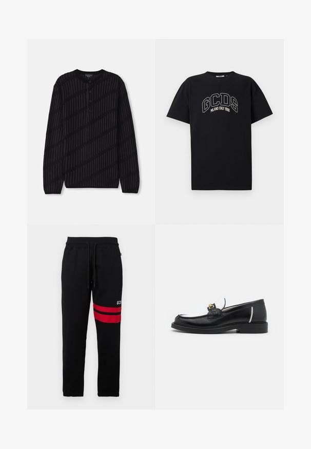Crni dugi rukav henley sv sweater s rebrastom teksturom. Sadrži tri gumba na ovratniku i dijagonalni uzorak u tamnijoj nijansi crne boje.; Crna pamučna majica s kratkim rukavima. Ima bijeli GCDS logo i tekst "MILANO ITALY 1988" u luku. Standardni kroj i okrugli izrez.; Crne trenirke s kontrastnim crvenim prugama i logom sa strane. Imaju elastičnu struk i vezicu te su sužene na gležnju.; Crni kožni loafer s zaobljenim nožnim dijelom, bijelim akcentima i zlatnim detaljima na prednjem dijelu. Ima teksturiranu zakrpu i složeni potplat.