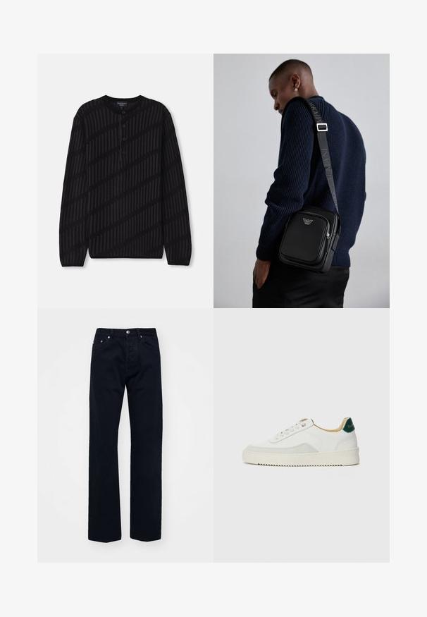 Czarny sweter henley z długim rękawem o prążkowanej fakturze. Posiada trzy guziki przy kołnierzu oraz diagonalny wzór w ciemniejszym odcieniu czerni.; Czarne dżinsy z prostymi nogawkami, posiadające zapięcie na guzik i zamek, pięć kieszeni oraz tonalne przeszycia.; Białe trampki z zamszowymi akcentami, zaokrąglony czubek, płaskie sznurowadła i kremowa gumowa podeszwa. Posiadają zielone logo na pięcie.; Czarna skórzana torba na ramię z zamykaną kieszenią, detalem z logo i regulowanym paskiem z logo. Nosi ona na tle teksturowanego granatowego swetra.