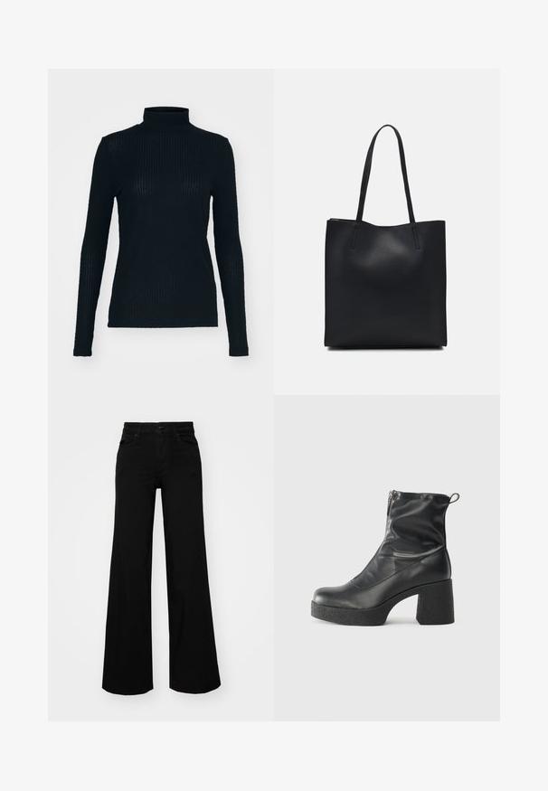 Top preto de manga longa e gola alta, feito em tecido canelado, com um design ajustado e gola alta. Textura suave com um brilho sutil.; Calças largas pretas em denim, com uma cintura estruturada, passantes para cinto e bolsos frontais. Textura suave com um design clássico.; Botas de tornozelo pretas feitas de couro liso, com fecho lateral, salto grosso texturizado e design de bico arredondado.; Bolsa tote preta em couro com textura lisa, forma retangular e duas alças longas. Sem hardware ou enfeites visíveis.