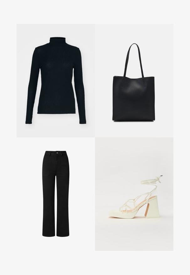 Top negru, cu mâneci lungi și guler înalt, fabricat din material canalat, având un design ajustat. Textură netedă cu un luciu subtil.; Pantaloni negri, cu talie înaltă, cu un design drept, fabricati dintr-un material de bumbac neted. Caracteristici: buzunare frontale și un închidere simplă cu nasture metalic.; Sandale albe cu toc înalt și gros, cu un design cu curele și legătură la gleznă. Textură netedă, cu o platformă frontală pentru înălțime suplimentară.; Geantă tote neagră din piele, cu textură netedă, formă rectangulară și două mânere lungi. Fără hardware vizibil sau ornamente.