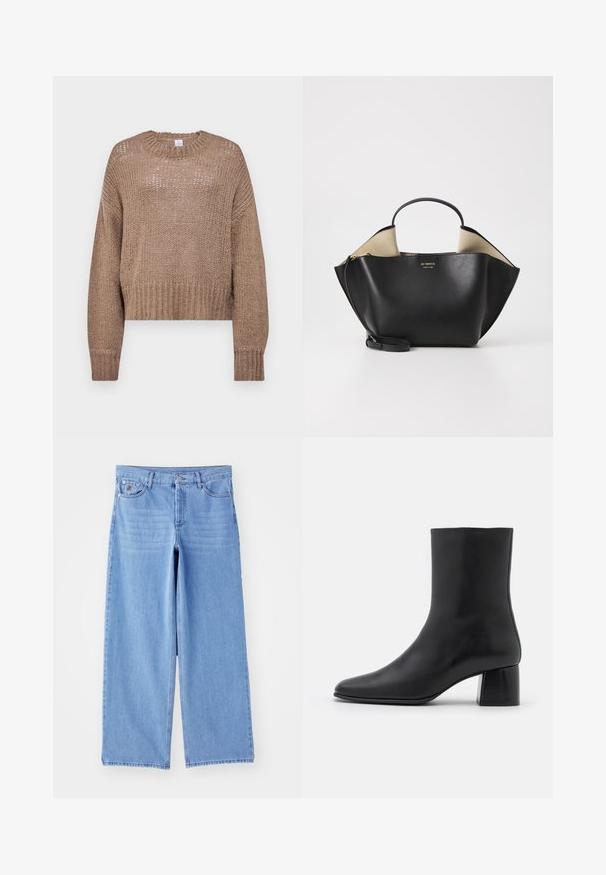 Beżowy sweter z dzianiny o luźnym, skróconym kroju, okrągłym dekolcie i fakturowanym wzorze. Posiada długie rękawy i prążkowane mankiety.; Jasnoniebieskie dżinsy o szerokich nogawkach, wykonane z denimu, z klasycznym pięciopocketowym wzorem i zapięciem na guzik. Gładka tekstura, postrzępiony dół.; Czarne skórzane botki za kostkę z ostrym noskiem i masywnym kwadratowym obcasem. Gładka faktura z bezszwowym designem i minimalnym przeszyciem.; Ree Projects - Torebka