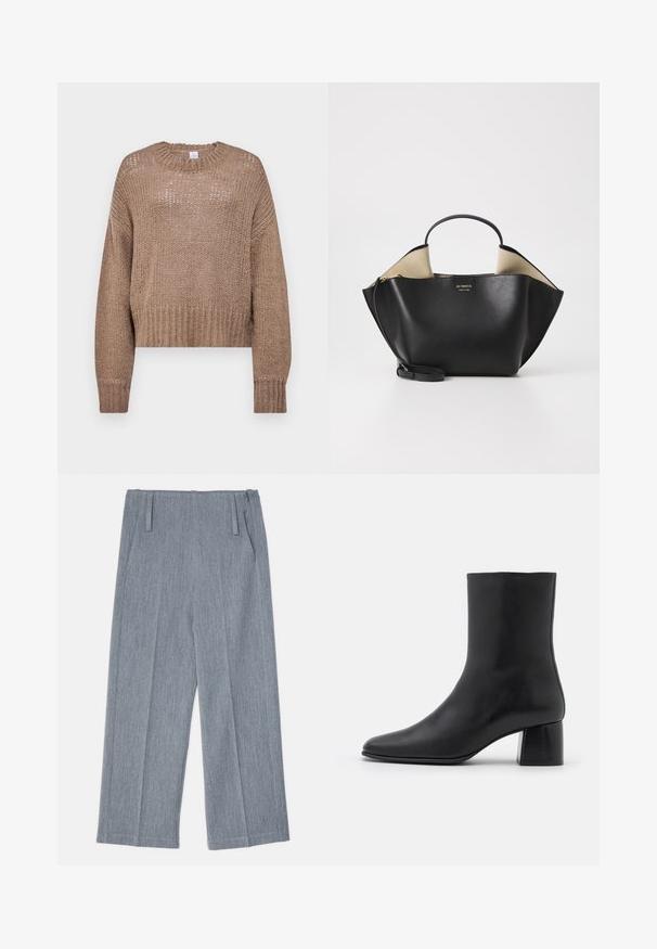 Maglione beige lavorato a maglia con un fit ampio e corto, scollo rotondo e design testurizzato. Presenta maniche lunghe e polsini a coste.; Pantaloni larghi grigio chiaro realizzati in tessuto testurizzato, con due pieghe frontali e due tasche laterali. Design pulito e sartoriale.; Stivali ankle in pelle nera con punta affusolata e tacco quadrato grosso. Texture liscia con un design senza cuciture e cuciture minimaliste.; Ree Projects ANN TOTE MINI - Borsa a mano - black