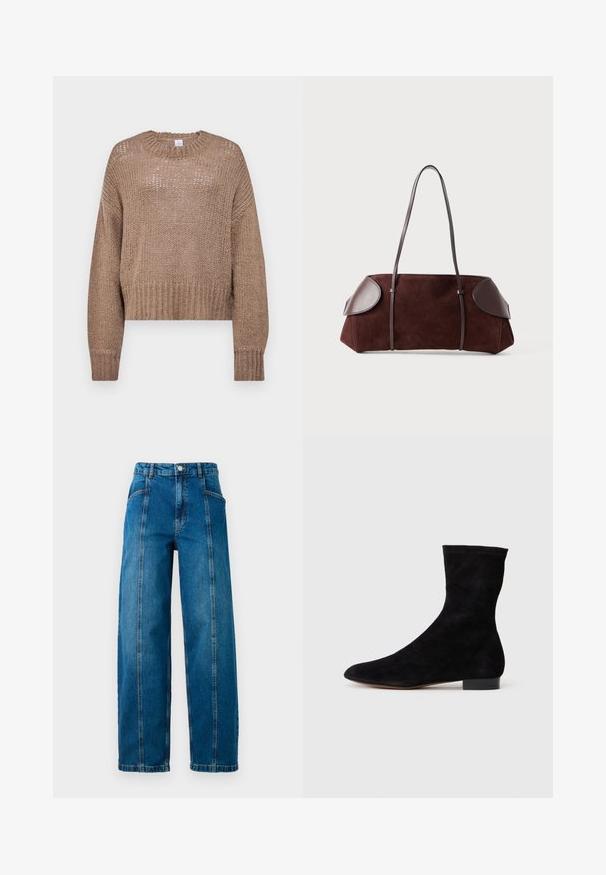 Beige knitted sweater with a loose, cropped fit, round neckline, and textured design. Features long sleeves and ribbed cuffs.; High-waisted blue denim jeans with wide legs, front vertical seams, side pockets, belt loops, and a button closure.; Black suede ankle boot with a fitted shaft, pointed toe, and a low block heel. Smooth texture and minimalistic design, suitable for versatile styling.; Brown suede bag with leather accents, structured shape, dual shoulder straps, and rounded edges, featuring a smooth texture and minimal hardware.