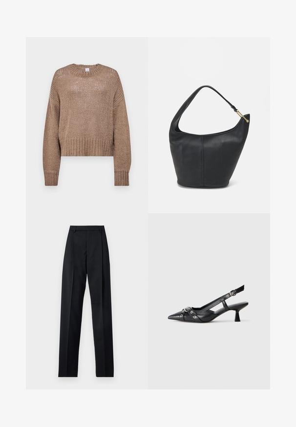 Bēša adīta džemperis ar brīvu, saīsinātu piegriezumu, apaļu kakla izgriezumu un teksturētu dizainu. Iezīmē garas piedurknes un ribotas aproces.; Melnas bikses, izgatavotas no gludas auduma, ar augstu vidukli, platiem bikšu galdniekiem, priekšējiem krokām un klasiskām jostu cilpām. Sānu kabatas nav redzamas.; Melnas ādas šlipsveida kurpes ar norādītu purngalu, dekoratīvām joslām ar metāla acīm un zemu bloku papēdi. Teksturēta virsma.; Melnas ādas rokassomi ar noapaļotu formu, platu siksnu un strukturētu apdari. Iezīmējas ar nelielām šuvju detaļām un zelta tonī izstrādātu aparatūru.