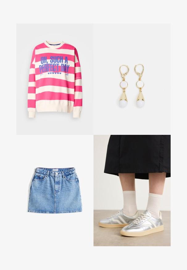 Rosa-weißer gestreifter Sweatshirt mit Rundhalsausschnitt, langen Ärmeln und blauer Schriftzug "OH, SO EIN PERFEKTER TAG." Aus weichem Baumwollmaterial.; Dunkelblauer Minirock aus Jeansstoff mit einem Fünf-Taschen-Design, Knopfverschluss und subtiler, verblasster Textur. Verfügt über ein markiertes Taillenlabel.; Silberne synthetische Turnschuhe mit weißen Streifen, cremefarbener Sohle und strukturiertem Material; kombiniert mit hellen gerippten Socken und einem schwarzen Rock.; Goldfarbene Ohrhänger mit einem kreisförmigen weißen Stecker und einer tropfenförmigen weißen Perle mit einem verjüngten goldenen Akzent.