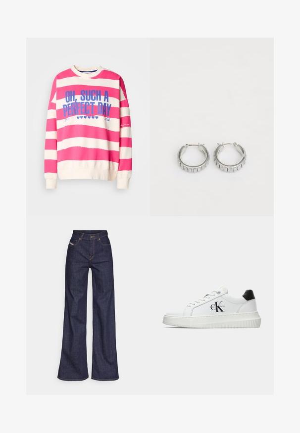 Pink and white striped sweatshirt with a round neck, long sleeves, and blue text reading "OH, SUCH A PERFECT DAY." Soft cotton material.; Dark blue wide-leg jeans in denim fabric with a high waist, featuring orange stitching, five-pocket design, and a button closure.; White low-top sneaker with black heel tab, platform sole, laces, and Calvin Klein "CK" logo on the side.; Silver hoop earrings with a textured design featuring vertical ridges. Circular shape with a secure latch closure. Smooth finish.
