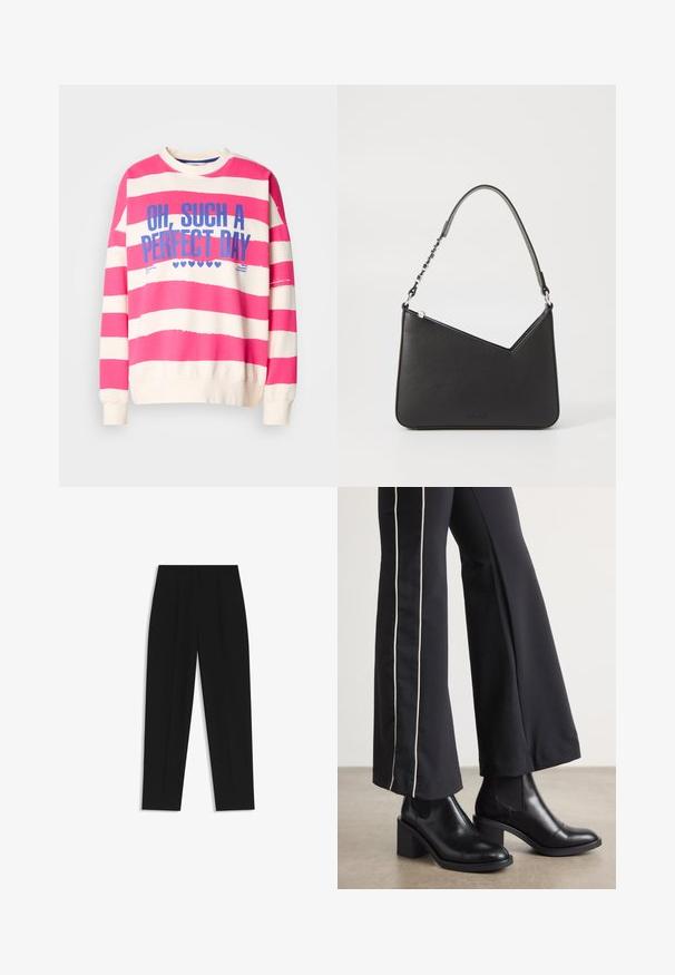 Felpa a righe rosa e bianche con collo tondo, maniche lunghe e testo blu che recita "OH, CHE GIORNO PERFETTO." Materiale in cotone morbido.; Pantaloni neri a taglio dritto, con doppie pieghe, una texture liscia e un design classico in vita. Nessun hardware o dettaglio visibile.; Stivaletti in pelle nera con tacco a blocco, dotati di pannelli elastici sui lati. Abbinati a pantaloni neri con una striscia bianca laterale.; Borsa a mano in pelle nera con forma triangolare, una tracolla sottile e accessori in argento. Presenta una chiusura con zip e un logo impresso sul davanti.