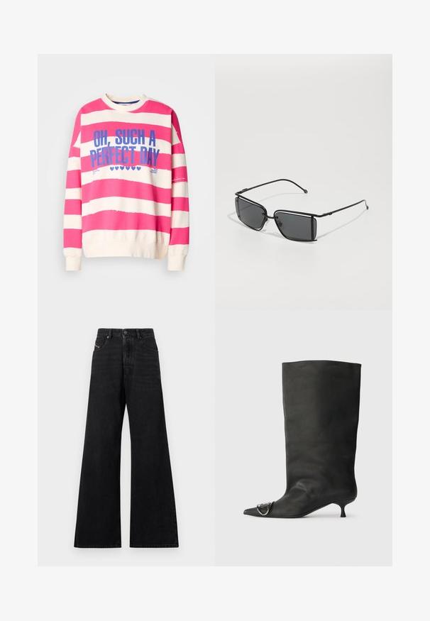 Felpa a righe rosa e bianche con collo tondo, maniche lunghe e testo blu che recita "OH, CHE GIORNO PERFETTO." Materiale in cotone morbido.; Jeans neri a gamba larga, realizzati in denim, con vita alta, design a cinque tasche e dettagli di cuciture sottili sul davanti.; Stivaletto in pelle nera con punta affilata, tacco basso e dettaglio metallico sulla punta. Texture liscia e opaca in tutta la superficie.; Occhiali da sole neri rettangolari con montatura in metallo sottile e lenti scure. Presentano un design minimalista e aste slanciate.