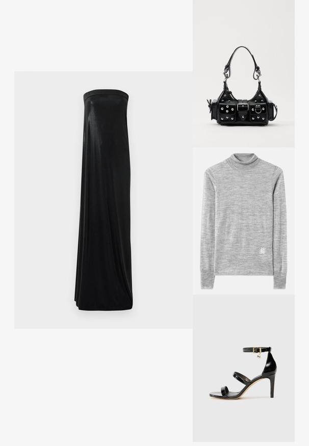 Sivi džemper s visokim ovratnikom, izrađen od meke, teksturirane tkanine. Ima dugačke rukave i mali bijeli logo blizu rubnog dijela.; Crna maksi haljina bez naramenica izrađena od glatkog, sjajnog materijala. Ima uski korzet i lepršavi siluetu, doseže do poda bez ukrasa.; Crne lakirane kožne sandale s tri trake, kopčom na zapešću i potpeticom od 10 cm. Sadrže zlatne detalje i privjesak s logotipom.; Crna kožna torba s zakrivljenim dizajnom, koja sadrži srebrne zakovice, kopču i dva bočna džepa. Podesiva traka za različite opcije nošenja.