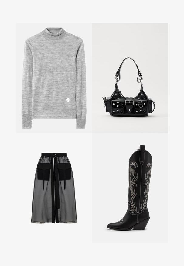 Siv svinčnik z dolgimi rokavi iz mehkega, teksturiranega blaga. Ima majhen bel logotip blizu roba.; Črna prozorna krila z nabranim pasom, ki ima dva velika sprednja žepa, pas za zavezovanje in okroglo kovinsko dekoracijo.; Črne usnjene kavbojske čevlje s koničastimi prsti, klinastimi petami in srebrnimi vezeninami cvetnega vzorca po vsej dolžini. Kontrastno šivanje povsod.; Črna usnjena torbica s ukrivljenim dizajnom, ki vsebuje srebrne žebljičke, zaponko in dve stranski žepki. Nastavljiv trak za različne možnosti nošenja.