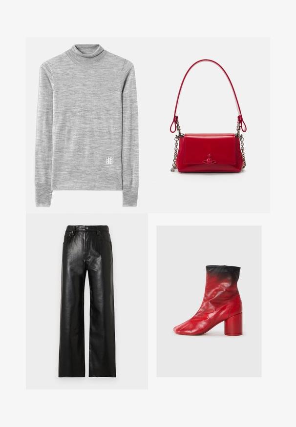 Gray turtleneck sweater made of a soft, textured fabric. Features long sleeves and a small white logo near the hem.; Black leather wide-leg pants with a glossy finish, featuring front pockets, a zip fly, and a button closure. Smooth texture throughout.; Red leather ankle boot with a textured finish, black cuff, and a chunky red heel. Features a unique pointed toe design.; Red patent leather handbag with silver chain accents, a short handle, and a decorative emblem on the front. Compact rectangular shape.