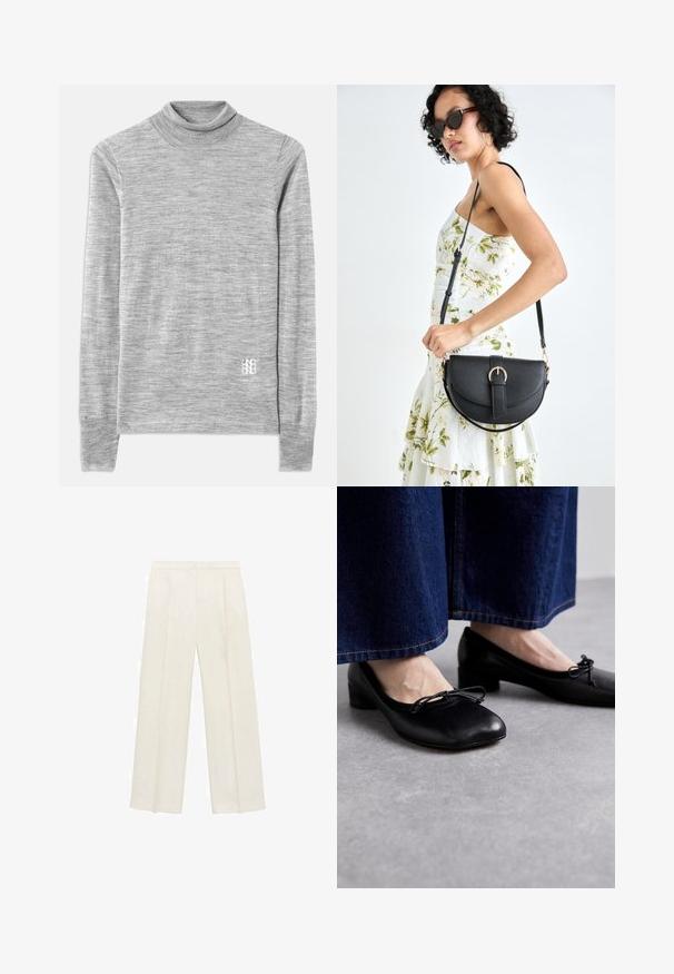 Pulover gri cu gât înalt, realizat dintr-un material moale și texturat. Prezintă mâneci lungi și un mic logo alb aproape de tiv.; Pantaloni cu picioare largi, de culoare crem deschis. Realizați dintr-un material neted, cu plisuri în față și buzunare laterale.; Pantofi din piele neagră cu vârf pătrat și toc mic, având o fundiță decorativă în față. Purtați cu pantaloni din denim închis la culoare.; Geantă din piele neagră, cu o formă curbată, curea detașabilă și accesorii aurii. Geanta are un capac cu un detaliu tip cataramă.