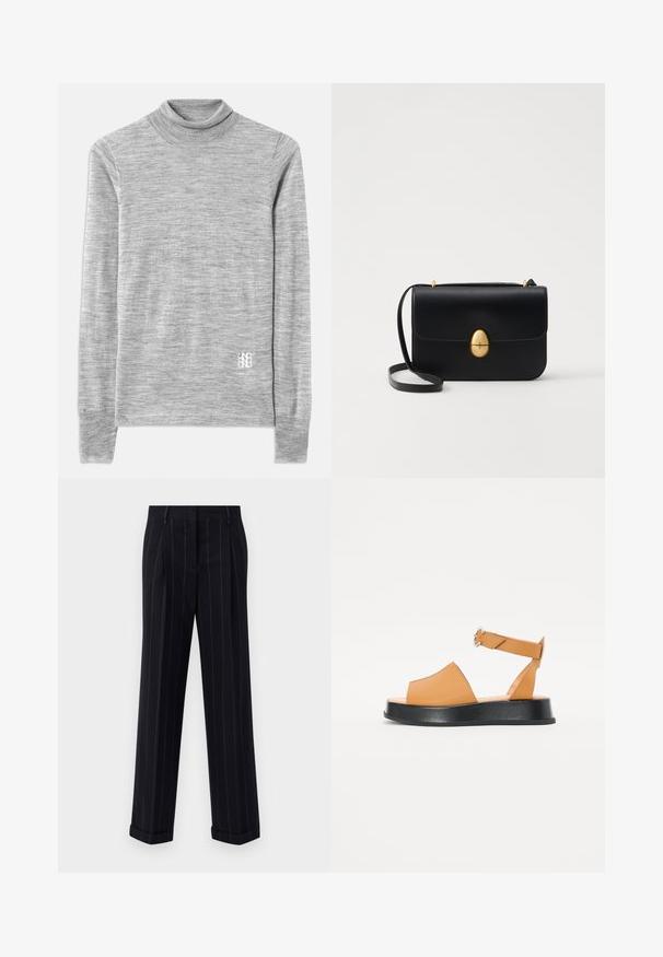 Gray turtleneck sweater made of a soft, textured fabric. Features long sleeves and a small white logo near the hem.; Black pinstriped trousers with a tailored fit, featuring a cuffed hem and front pleats. Made of smooth fabric with a structured design.; Tan leather sandal with a wide front, open toe, adjustable strap, and a thick black platform sole. Smooth texture and minimal design.; Black leather handbag with a structured rectangular shape. Features a golden oval clasp and a thin shoulder strap. Smooth texture.