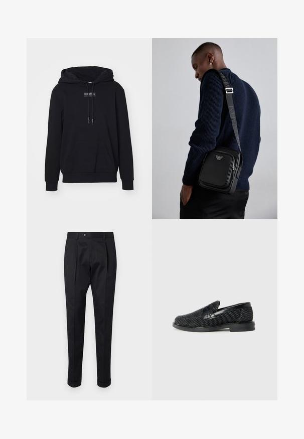 Svart hettegenser laget av myk stoff, med en sentral kengurulomme, snorer og et rektangulært logo-lapp på brystet.; Sorte bukser laget av et glatt stoff, med en fold foran, knappelukking, og oppbrettede mansjetter ved ankelen.; Sorte vevde slip-on sko med en glatt lærdetalj på overdelen, design med rund tå og en lavprofil gummisåle.; Svart lær crossbody-veske med en glidelåslomme, logo-detalj og justerbar rem med merke. Båret mot en teksturert marineblå genser.