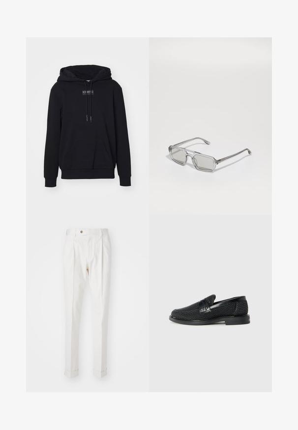 Musta kapuutsiga sviiter, mis on valmistatud pehmest kangast, keskse kukkharjaga tasku, nöörid ja ruudukujuline logo silt rinnal.; Valged kohandatud püksid, millel on sirge esiosa, kaks voltimist ja rullitud avad. Valmistatud siledast kangast, millel on nööpelement vööl.; Must musta kootud slip-on king, millel on pehme nahast accent ülaserval, ümmargune varvas ja madal profiiliga kummitald.; Emporio Armani Päikeseprillid - shiny transparent grey