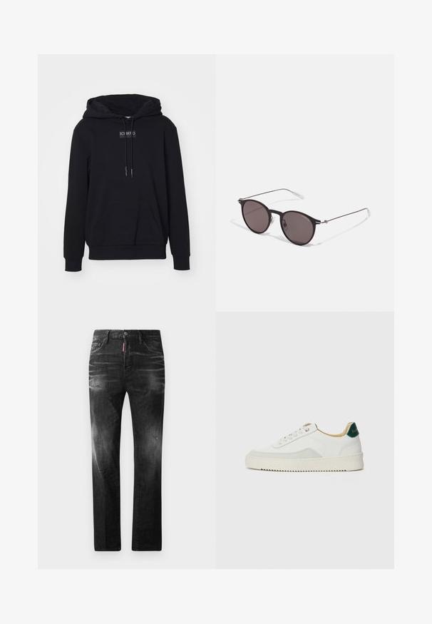 Černá mikina s kapucí z měkké tkaniny, s centrální kapsou ve tvaru klokaní kapsy, šňůrkami a obdélníkovou nášivkou na hrudi.; Černé džíny z denimu se rovnými nohavicemi. Obsahují vybledlé oblasti, drobné poškození, klasický pětikapsový design a zapínání na knoflík.; Bílé tenisky se semišovými prvky, kulatou špičkou, plochými tkaničkami a krémovou gumovou podrážkou. Na patě mají zelené logo.; Černé kulaté sluneční brýle s tmavými skly a tenkými kovovými nohami. Obsahují průhledné koncovky nožiček a stříbrné akcenty na pantu. Minimalistický design.