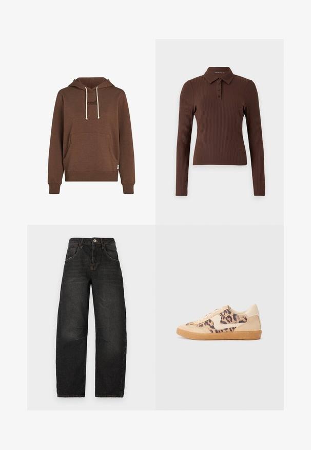Felpa con cappuccio marrone realizzata in tessuto morbido. Presenta una tasca frontale a marsupio, lacci cremosi e un logo ricamato nello stesso colore.; Polo a maniche lunghe marrone con coste, dotato di colletto e patta con tre bottoni. Il tessuto presenta una finitura testurizzata.; Jeans in denim nero con design a gamba dritta, cinque tasche, cuciture a vista e chiusura frontale con bottone. Tessuto testurizzato con leggera scoloritura.; Sneakers in stampa leopardata con parte superiore in suede beige, suola in gomma color caramello e dettagli bianchi. Punta rotonda e design con lacci, con una finitura testurizzata.