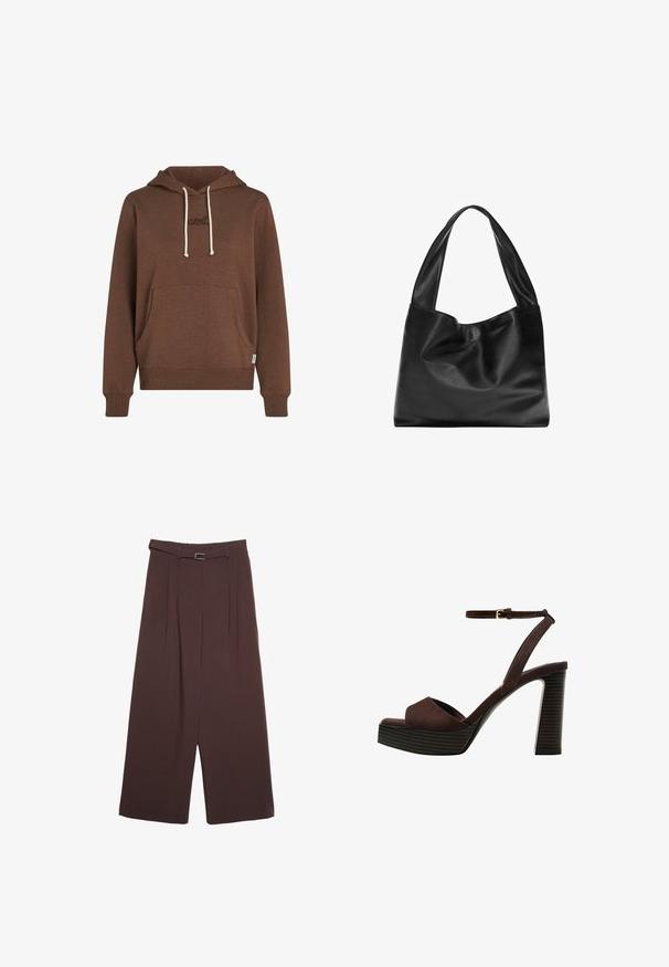 Brun hoodie i mjukt tyg. Har en framficka, krämfärgade snören och broderad logotyp i matchande färg.; Stradivarius WIDE-LEG WITH BUCKLE DETAIL - Tygbyxor - dark brown; Bruna mocka högklackade sandaler med öppen tå, justerbar vristrem och en randig plattformssula.; Svart läder tote-väska med en mjuk, sluttande design, breda handtag och slät yta. Ingen synlig hårdvara eller utsmyckningar.