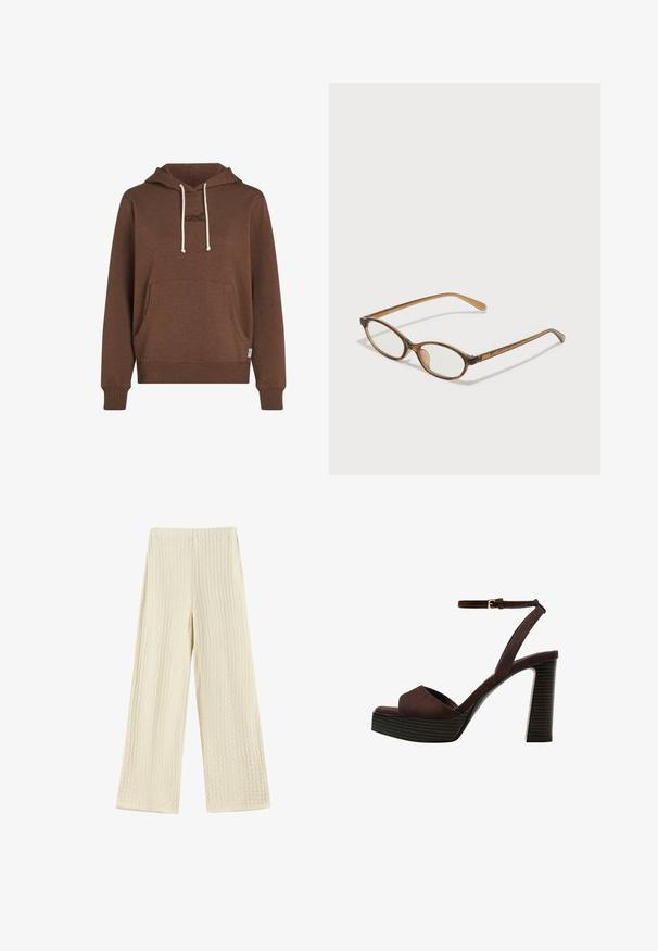 Brązowy kaptur wykonany z miękkiego materiału. Posiada przednią kieszeń, kremowe sznureczki do ściągania oraz haftowane logo w dopasowanym kolorze.; Spodnie z szerokimi nogawkami w teksturowanym, kremowym materiale. Projekt cechuje się wafelowym wzorem, wysokim stanem i nogawkami o pełnej długości.; Brązowe zamszowe sandały na wysokim obcasie z odkrytymi palcami, regulowanym paskiem na kostce i paskowatą podeszwą.; Brązowe okulary w motyle z owalnymi soczewkami, cienkimi ramionami i przezroczystymi akcentami. Posiadają subtelne logo na zauszniku. Smukły, lekki design.