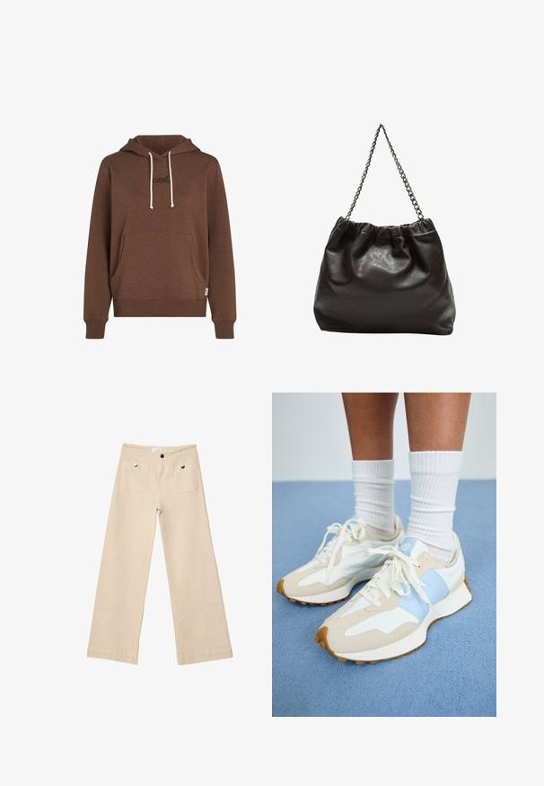 Bruine capuchontrui van zacht materiaal. Voorzien van een voorzak, crèmekleurige koorden en geborduurd logo in bijpassende kleur.; Beige wijde broek van zacht katoen, met twee diepe voorzakken met zilverkleurig beslag, rechte pasvorm en net afgewerkte zomen.; Lichte sneakers met een beige en lichtblauw ontwerp. Bevatten suède en mesh materialen, witte veters en een gestructureerde gumrubberen zool.; Bruine leren tas met een geplooide bovenkant en een kettinghengsel. Glad textuur met een glanzende afwerking en subtiele naaddetails aan de zijkanten.