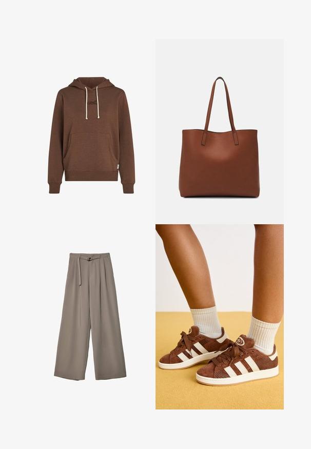 Sweat à capuche marron en tissu doux. Il possède une poche avant, un cordon crème et un logo brodé de la même couleur.; Pantalons évasés en tissu gris doux et muted, avec une taille ceinturée et des plis pour un détail de design supplémentaire. Texture lisse, sans motifs.; Baskets en suede marron avec des rayures blanches, des lacets et un logo accentués, des panneaux texturés et des semelles en caoutchouc. Portées avec des chaussettes blanches côtelées.; Sac fourre-tout en cuir marron avec une texture lisse, design à ouverture supérieure et deux poignées pour le porter à l'épaule. Présente des coutures minimales et aucun matériel visible.