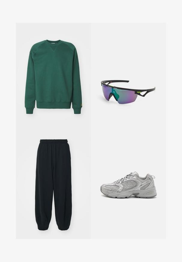 Green cotton sweatshirt with a crew neckline, raglan sleeves, ribbed cuffs, and a logo accent on the hem. Smooth texture and casual design.; Black, elasticated-waist sweatpants with a loose fit, cuffed ankles, smooth texture, and no visible patterns or hardware accents.; Silver athletic shoe with a sleek design, mesh panels, padded tongue, textured synthetic upper, and rubber outsole for traction.; Sport sunglasses with a black frame, large gradient lens featuring purple and green hues, and angular design accents with logo detail.