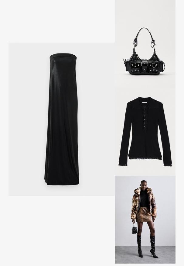 Juodas ilgomis rankovėmis viršus su apykakle, su nelygiais kraštais ir mygtukų uždarymu priekyje. Minkšta, tekstūrinė medžiaga.; Juoda maxi suknelė be petnešėlių, pagaminta iš glotnaus, blizgaus audinio. Suknelė turi prigludusią viršūnę ir laisvą siluetą, siekiantį grindis, be jokių puošmenų.; Pūkuotas džemperis su rudos ir juodos spalvų raštu, derinamas su rudą gyvatės rašto mini sijonu, juodais ilgaauliais batais iki kelių ir mažyte juoda rankine.; Juodas odinis rankinukas su kreiviu dizainu, su sidabro spalvos knopkėmis, užsegimu ir dviem šoninėmis kišenėmis. Reguliuojama dirželis nešimui.