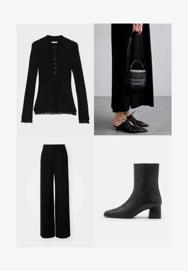 Musta pitkähihainen paita, jossa on kauluskanta, frayed-reunus ja nappikiinnitys edessä. Pehmeä, teksturoitu kangas.; Mustapintainen ribattu T-paita pyöreällä kaula-aukolla ja lyhyillä hihoilla. Pehmeä kangas, joka on istuvaa muotoa, ja kauluksessa on merkki.; Mustat leveälahkeiset housut, joissa on korkea vyötärö, sileä kangas, edessä napitettava suljenta eikä näkyviä taskuja, joissa on räätälöity istuvuus.; Mustat nahkasaappaat nilkkakorkeudella, joissa on terävä kärki ja tukeva neliön muotoinen korko. Sileä pinta, saumaton muotoilu ja minimalistinen ommel.; Pieni musta nahkabag, jonka muoto on pyöreä, yläkahva ja irrotettava olkahihna. Yhdistetty mustan kankaan mekkoon ja mustiin plissee-kenkään.