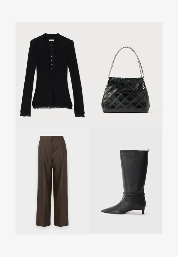 Black long-sleeve top with a collared neckline, featuring a frayed edge and button closure down the front. Soft, textured fabric.; Brown wide-leg trousers with a smooth texture, featuring a high waist, front pleats, and a tailored design. No visible pockets or embellishments.; Black leather knee-high boot with a pointed toe, accented by a circular strap around the ankle and a low, tapered heel. Smooth texture.; Black quilted leather handbag with a silver chain handle, featuring a structured design and smooth texture.