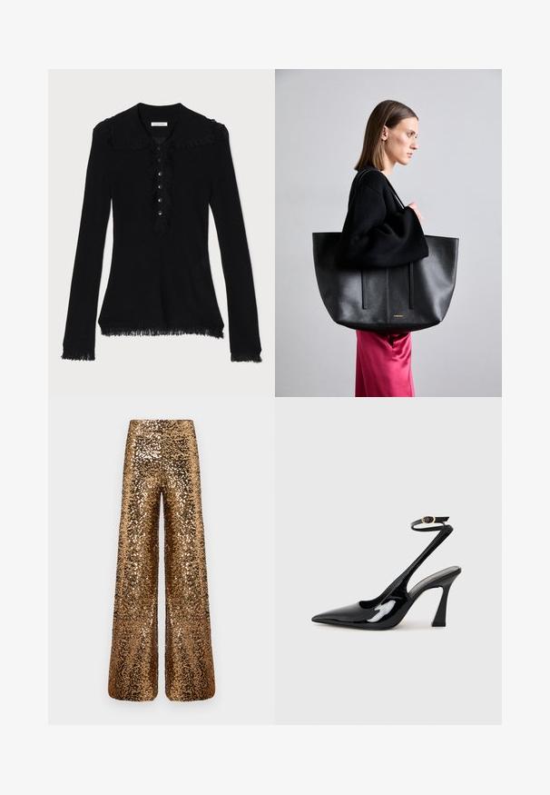 Fekete, hosszú ujjú felső, galléros nyakkal, fránk széllel és gombos záródással az elülső részen. Puha, texturált anyag.; Arany flitteres, széles lábú nadrág, fényes, texturált felülettel, magas derékkal és áramló szilhuettel. Ideális formális eseményekre.; Fekete lakk bőrből készült, slingback magas sarkú cipők, hegyes orral, állítható bokapánttal és mérsékelt tömbsarkal. Simább textúra, fényes felület.; Fekete bőr bevásárlótáska, texturált felülettel, két függőleges vonallal, dupla vállpánttal és minimalista dizájnnal.