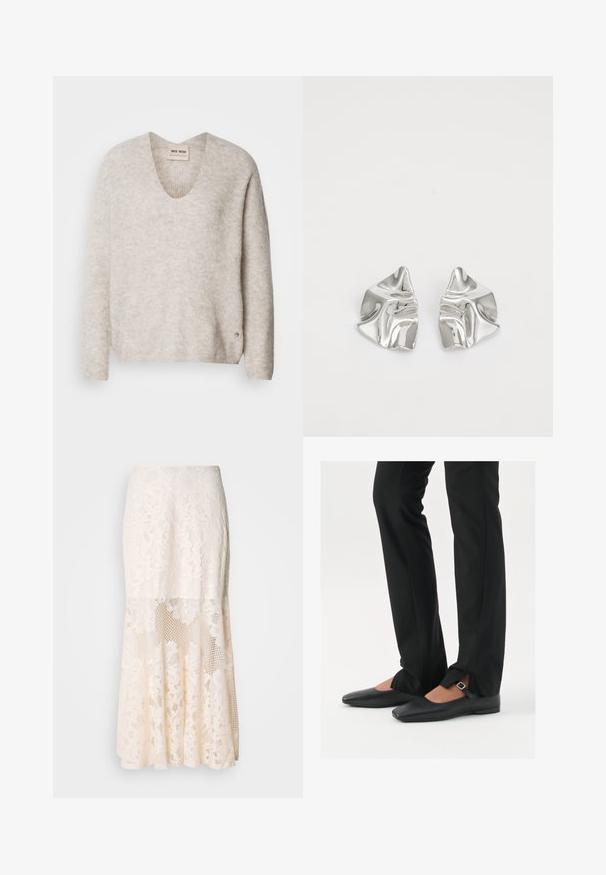 Šviesiai smėlinis megztinis su V formos iškirpte, ilgomis rankovėmis ir šiek tiek tekstūruota medžiaga. Yra mažas logotipas šone.; Gėlėta nėriniuota midi sijonas kreminės spalvos; turi sluoksniuotą dizainą su permatomomis dalimis, tekstūruotais nėriniais ir išplatėjusia apatine dalimi.; Juodų odinių balerinų batų su smailiu priekiu, juostele su sidabro sagtimi, derinami su juodomis pritaikytomis kelnėmis, turinčiomis plyšinį hemą.; Sidabriniai metaliniai Auskarai su banginiu, skulptūriniu dizainu, pasižymintys poliruotu paviršiumi ir nereguliariomis formomis, išryškinančiomis šiuolaikišką estetiką.