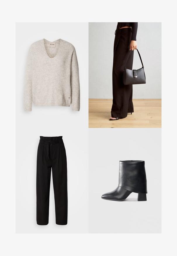 Gaiši pelēks džemperis ar V-veida kaklasgriezumu, garām piedurknēm un nedaudz teksturētu audumu. Satur nelielu logotipa akcentu sānos.; Melni augstie bikses ar platu kāju, nodrošināti ar priekšējiem krokām un auduma jostu ar apļu sprādzi. Gluda tekstūra un pielāgota piegrieztne.; Melnas ādas potītes zābaki ar norādītu purngalu, gludu tekstūru un strukturētu blokveida papēdi. Iezīmē augstu, salocītu apkakles dizainu.; Melnā somiņa ar strukturētu formu, gludu tekstūru un metālu sprādzi. Saskaņota ar platām melnām biksēm un sandālēm ar atvērtu purngalu uz koka grīdas.