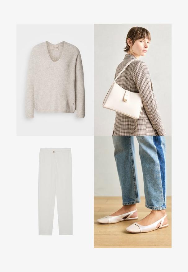 Pulover bej deschis cu decolteu în V, mâneci lungi și un material ușor texturat. Prezintă un mic logo pe lateral.; Pantaloni albi, croiți, cu un design drept al piciorului, având sistem de închidere cu nasture, bucle pentru curea și buzunare laterale; textură de țesătură netedă.; Sandalete plate de un roz pal cu vârf ascuțit, realizate dintr-un material asemănător pielii, neted. Prezintă detalii decupate pe laterale și un toc plat.; Geantă de mână din piele albă cu un design structurat, având o închidere magnetică și un breteau, expusă pe un fundal neutru.