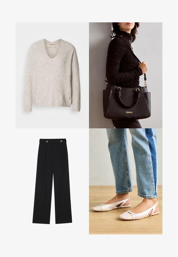 Helles beiges Sweatshirt mit V-Ausschnitt, langen Ärmeln und einem leicht strukturierten Stoff. Mit einem kleinen Logo-Akzent an der Seite.; Schwarze weite Hosen mit hoher Taille, Knopfdetails am Bund und vorderen Falten.; Blassrosa Slingback-Ballerinas mit spitzem Punkt, aus einem glatten, lederähnlichen Material. Mit Ausschnitten an den Seiten und einem flachen Absatz.; Schwarze Handtasche mit strukturierten Oberflächen, doppelten Obergriffen und verstellbarem Schultergurt. Mit goldfarbener Hardware und Seitentaschen.