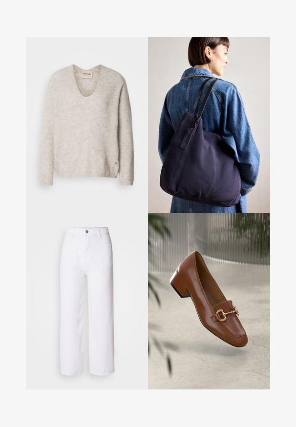 Lichtbeige trui met een V-hals, lange mouwen en een licht gestructureerde stof. Heeft een kleine logo-accent aan de zijkant.; Witte denim wijde broek met een knoopsluiting, ceintuurlussen, twee voorkeurszakken en een enkele achterzak. Duurzaam en gestructureerd materiaal.; Bruine lakleren loafer met vierkante neus, metallic kettingaccent en lage blokhak; gladde textuur, minimalistisch ontwerp.; Marine canvas schoudertas met een zachte, gestructureerde vorm, voorzien van een zwarte strap, gestikte details en een klein merketiket.