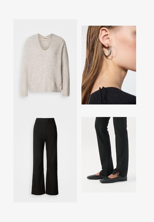 Helles beiges Sweatshirt mit V-Ausschnitt, langen Ärmeln und einem leicht strukturierten Stoff. Mit einem kleinen Logo-Akzent an der Seite.; Schwarze weit geschnittene Hosen mit glatter Textur, hoher Taille und klarem Design. Keine sichtbaren Taschen oder Verzierungen.; Schwarze Leder-Ballerinas mit spitzer Zehenpartie, Riemchen mit silberner Schnalle, kombiniert mit schwarzen taillierten Hosen mit Schlitzsaum.; Silberne Creolen mit polierter Oberfläche, die kleine goldene Akzentdetails und eine runde Form aufweisen, am Ohrläppchen getragen.