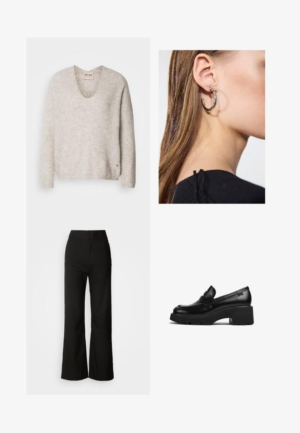 Helebeežikas sviiter V-kaelusega, pikad varrukad ja kergelt tekstureeritud kangas. Küljel on väike logoaktsent.; Mustad laiad püksid sujuva tekstuuriga, kõrge vöökoht ja puhas disain. Ei ole nähtavaid taskuid ega dekoreerimist.; Must musta jalgadega must nahast lohvik, paksu tallaga ja rihmaga ülevalt, kujutatud külgvaates valgel taustal.; Hõbedane rõngas kõrvarõngas poleeritud viimistlusega, millel on väikesed kuldsed aktsendid ja ümmargune kuju, kantud lobus.