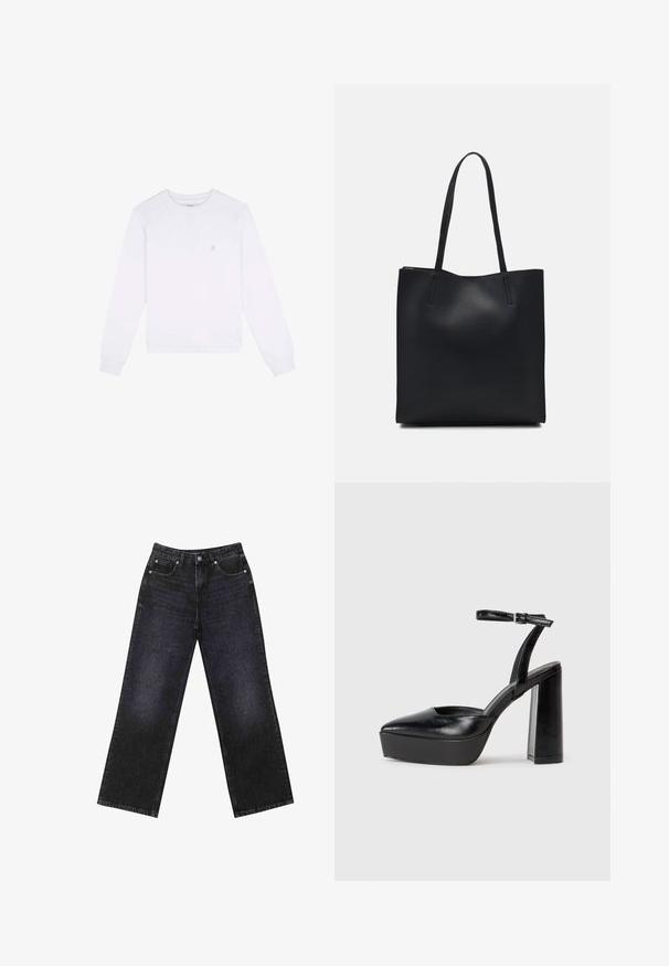 Felpa bianca con maniche lunghe, colletto tondo, polsini e orlo a coste, con una piccola grafica dorata sul lato sinistro del petto, realizzata in tessuto morbido.; Jeans in denim neri a vita alta con un taglio a gamba larga, design a cinque tasche e cuciture visibili. Il tessuto ha una finitura liscia e leggermente tessurizzata.; Tacchi a piattaforma neri con punta appuntita e cinturino regolabile alla caviglia. Realizzati in pelle liscia, presentano un tacco a blocco spesso.; Borsa tote in pelle nera con texture liscia, forma rettangolare e due manici lunghi. Nessun hardware o decorazione visibile.