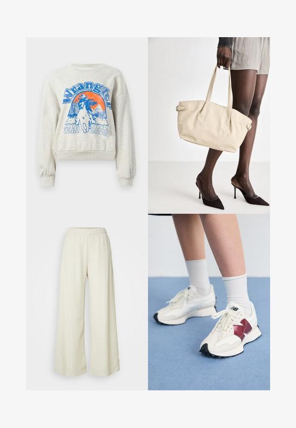 Light gray sweatshirt with a round neckline and ribbed cuffs. Features a blue and orange graphic of a cowboy on horseback and trees.; Wide-leg pants in a textured, cream fabric. Features an elastic waistband and a flowy silhouette. Suitable for casual wear.; Pair of white sneakers with maroon accents, textured panels, flat black outsole, and light laces, worn with white ankle socks.; Beige tote bag with a smooth leather finish, structured shape, two handles, and side buckle detailing. Paired with elegant black heels.