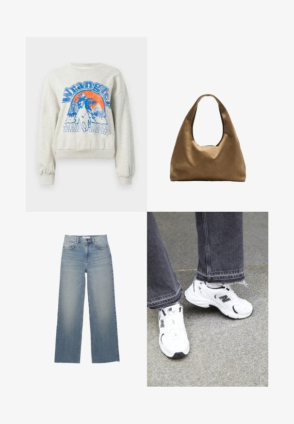 Svetlo sivi pulover z okroglim izrezom in rebrastimi manšeti. Vsebuje modro in oranžno grafiko cowboya na konju ter dreves.; Svetlo modri široki jeans iz denima, ki imajo visok pas, sprednje žepke in gumbasto zapiranje. Gladka tekstura s poudarjenimi zbledelimi deli.; Bele modre teniske New Balance imajo mrežasto in sintetično zgornjo plast z črnimi detajli. Nosene so z raztrganimi sivo oblečenimi hlačami na teksturirani površini.; Brahna torba preko rame iz rjave tkanine s širokim, zaobljenim tijelom i velikim izrezanim ručkom. Meka tekstura, minimalistički dizajn i bez vidljivih metalnih dijelova.
