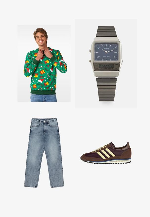 Zelená mikina s vánočním vzorem, která zahrnuje červené a žluté zvonky, čepice Santa Clause, cesmínu, cukrové hůlky a tečky. Hladké manžety a límec.; Světle modré džíny z denimu se střihom rovnými nohavicemi, viditelným šitím, designem s pěti kapsami a knoflíkovým zapínáním v pase.; Hnědé a burgundské tenisky z semiše a síťoviny, s třemi krémovými pruhy, texturovaným materiálem na jazyku a gumovou podrážkou.; Digitální hodinky Casio s modrým ciferníkem, stříbrným pouzdrem a vrstveným černým gumovým remínkem. Zobrazuje čas a nastavení alarmu. Voděodolné.