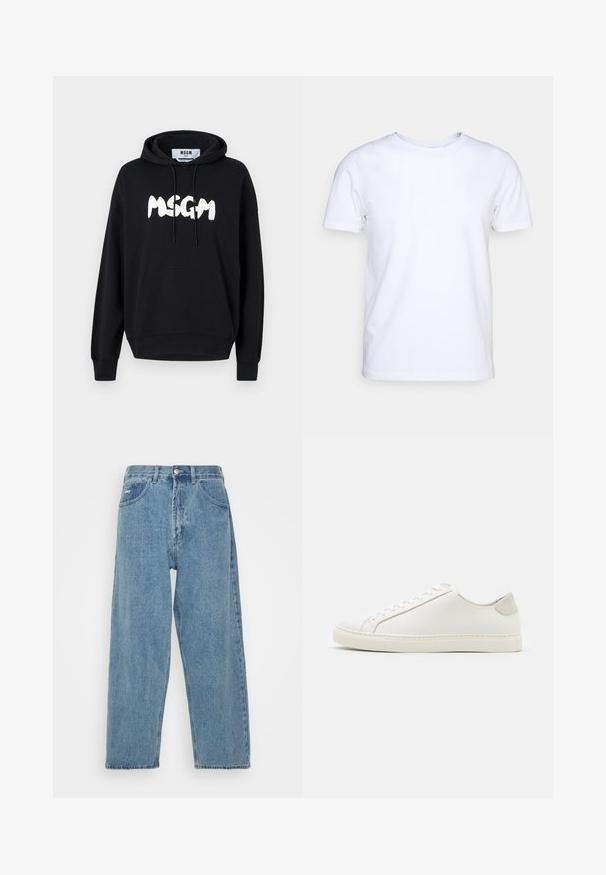 Schwarzer Baumwoll-Hoodie mit einer Vorderentasche, verstellbaren Zugbändern und einem großen weißen "MSGM"-Logo auf der Brust. Weicher Stoff.; Weißes T-Shirt mit kurzen Ärmeln aus Baumwollstoff und rundem Halsausschnitt. Schlichtes Design ohne Muster oder Akzente. Glatte Textur.; Hellblaue Denim-Jeans mit hoher Taille und lockerer Passform, ausgestattet mit zwei vorderen Taschen, einer hinteren Aufsatztasche und einem Knopfverschluss.; Weiße Leder Sneakers mit glatter Oberfläche, runder Zehenform und minimalistischem Design. Mit beigen Akzenten an der Ferse und einer Gummisohle.