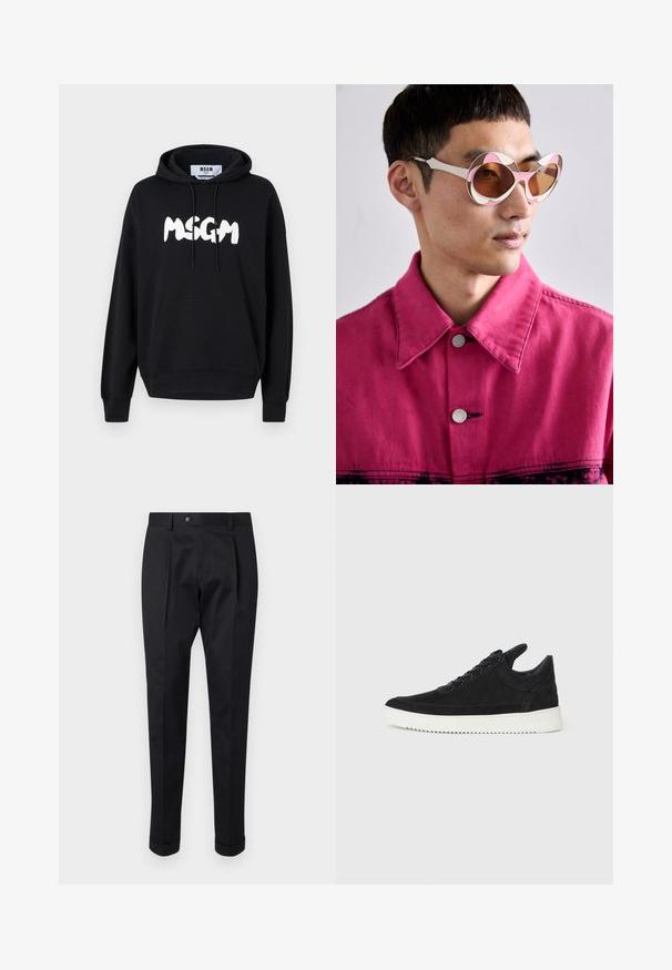 Felpa nera in cotone con tasca frontale, lacci regolabili e grande logo bianco "MSGM" sul petto. Tessuto morbido.; Pantaloni neri realizzati in un tessuto liscio, con una piega sul davanti, chiusura con bottone e risvolti alla caviglia.; Sneaker in suede nero con suola in gomma bianca, caratterizzato da cuciture tonali e design con lacci. Texture liscia con una forma moderna e aerodinamica.; Occhiali da sole sovradimensionati bianchi e rosa con una montatura curva, dotati di lenti marroni. Il modello indossa una giacca di jeans rosa con colletto.